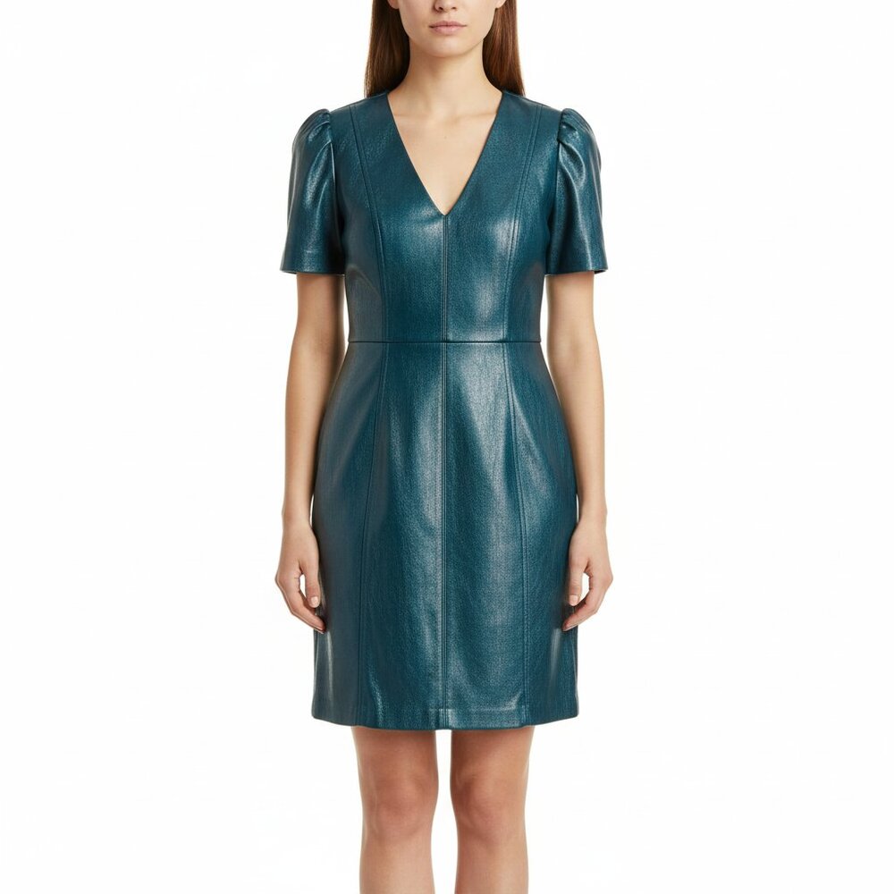 Ann Taylor Factory Teal Faux Leather Puff‎ Sleeve V-Neck Dress – Size 4P